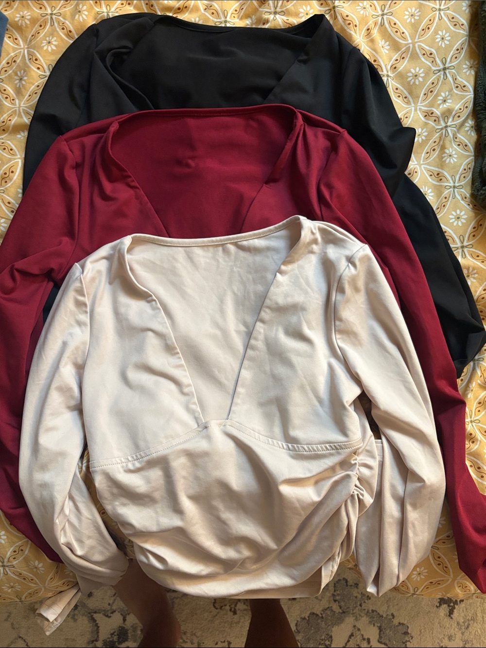 SHEIN V-Neck Long Sleeve Tunic Top - Black, Burgundy & Cream